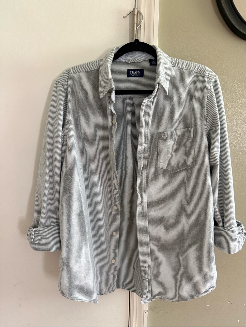 Chaps Men’s Striped Button-Down Shirt in White and light blue